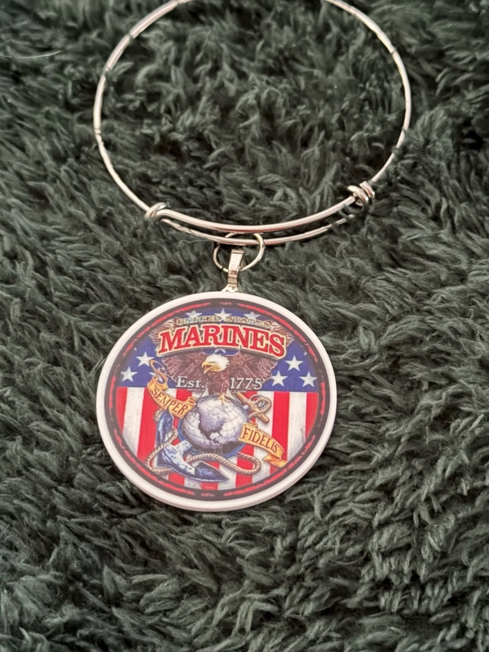 Marines Emblem Silver-Tone Charm Bangle Bracelet - Patriotic Red, White & Blue
